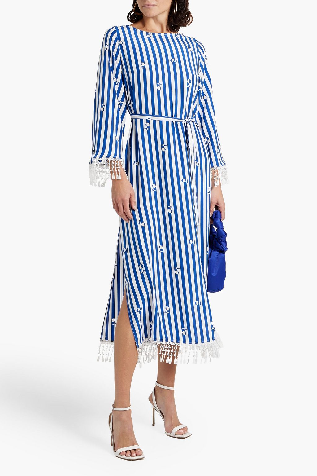 HVN Andrea macramé-trimmed striped silk midi dress
