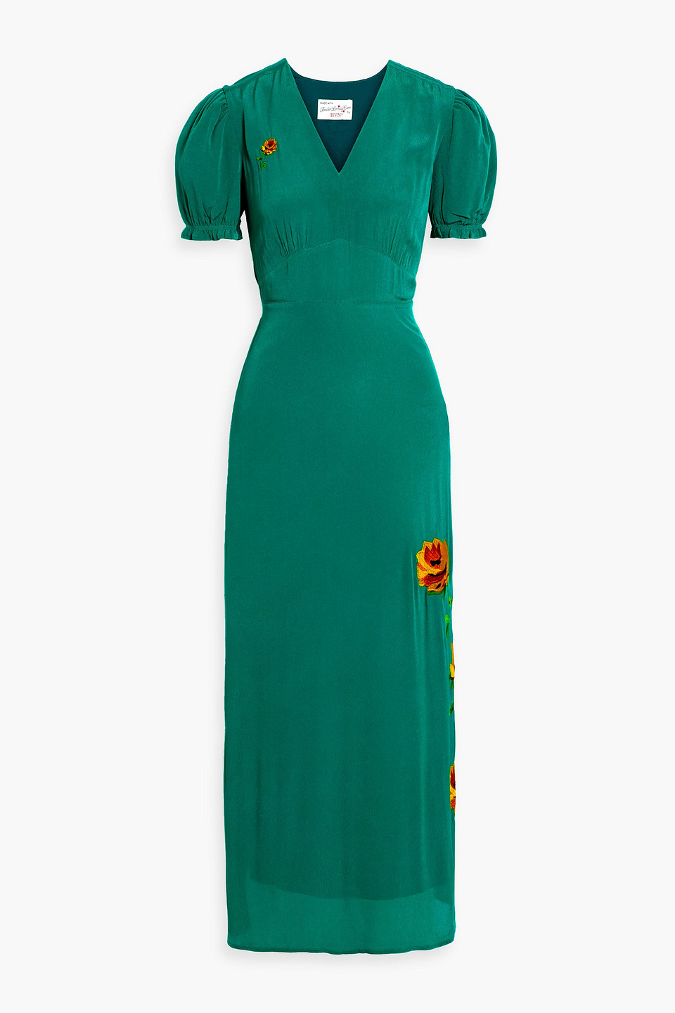 Hvn Paula Floral-appliquéd Chiffon Maxi Dress In Emerald