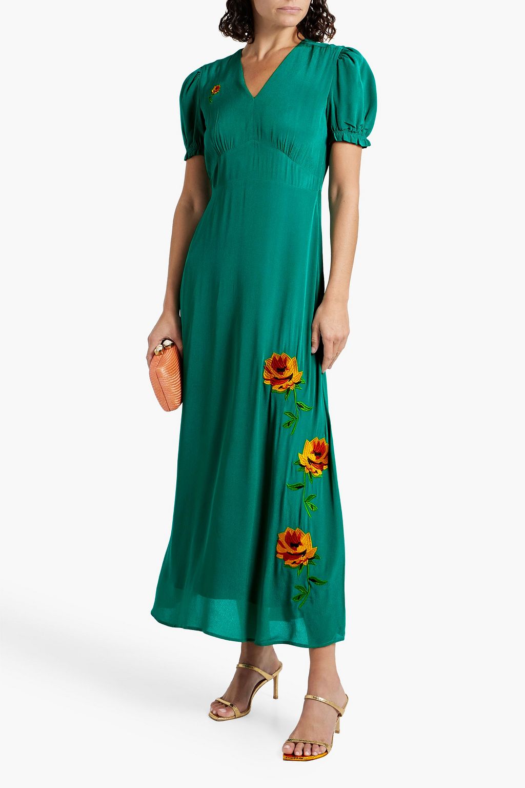 HVN Paula floral-appliquéd chiffon maxi dress