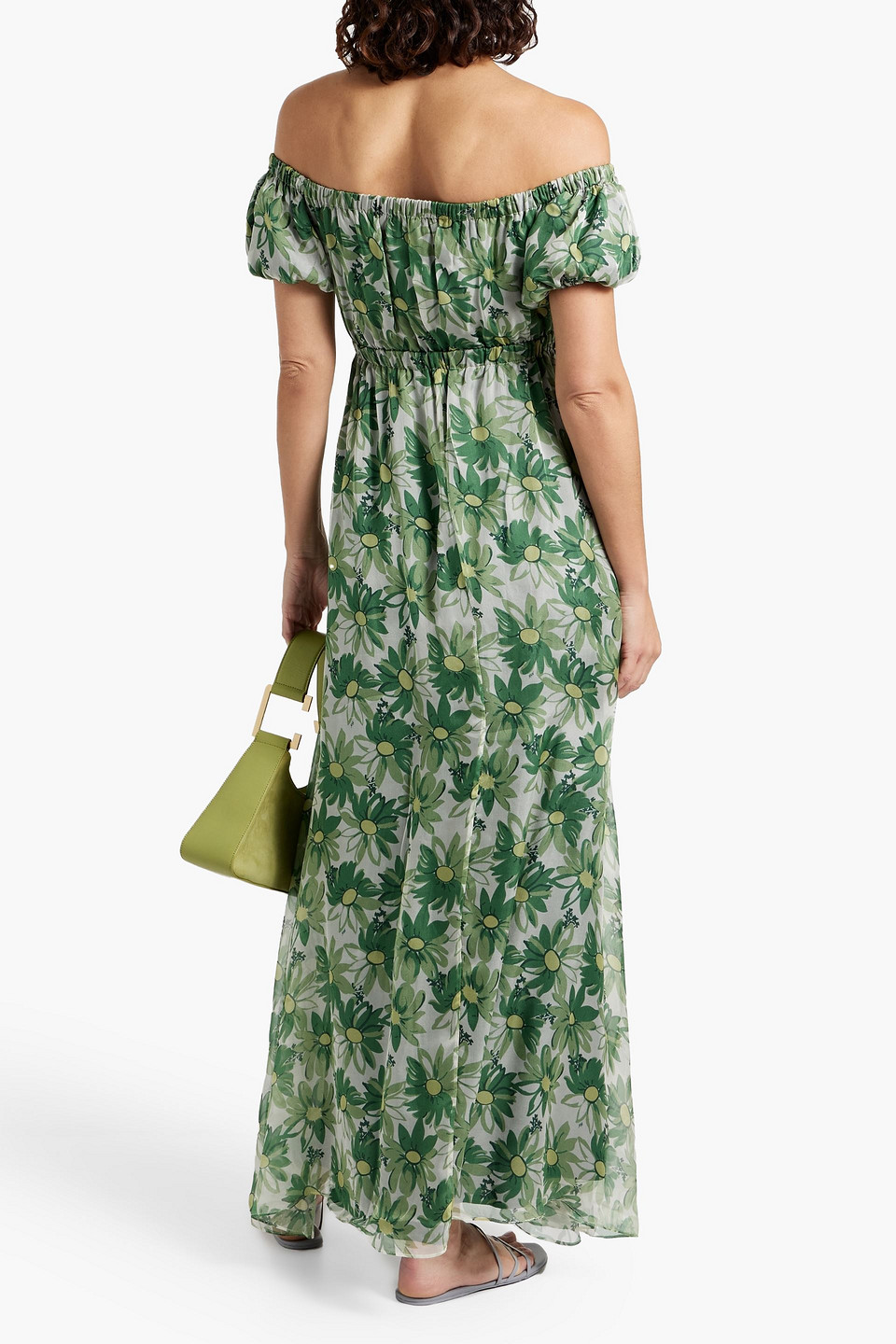 HVN NANCY OFF-THE-SHOULDER FLORAL-PRINT SILK-CHIFFON MAXI DRESS