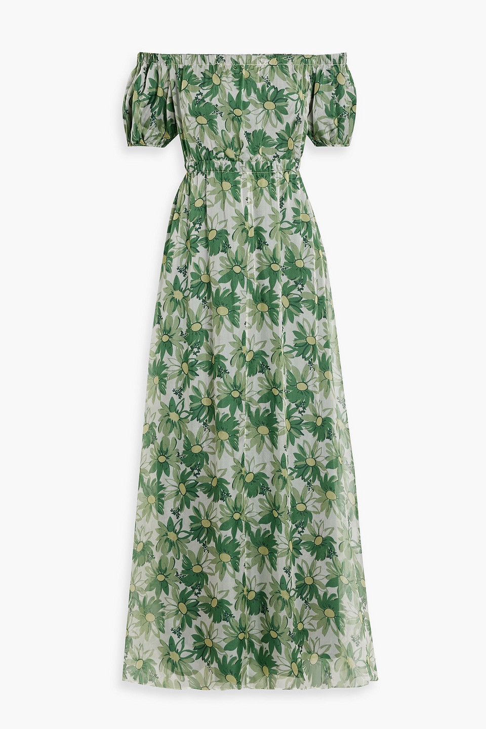 Hvn Nancy Off-the-shoulder Floral-print Silk-chiffon Maxi Dress In Leaf Green