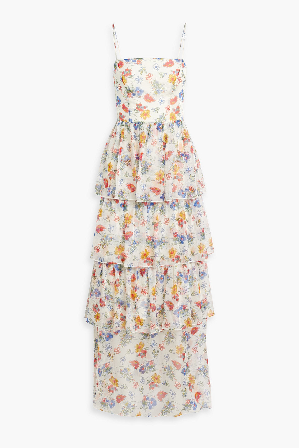 Hvn Rebekah Tiered Floral-print Silk-chiffon Maxi Dress In Cream