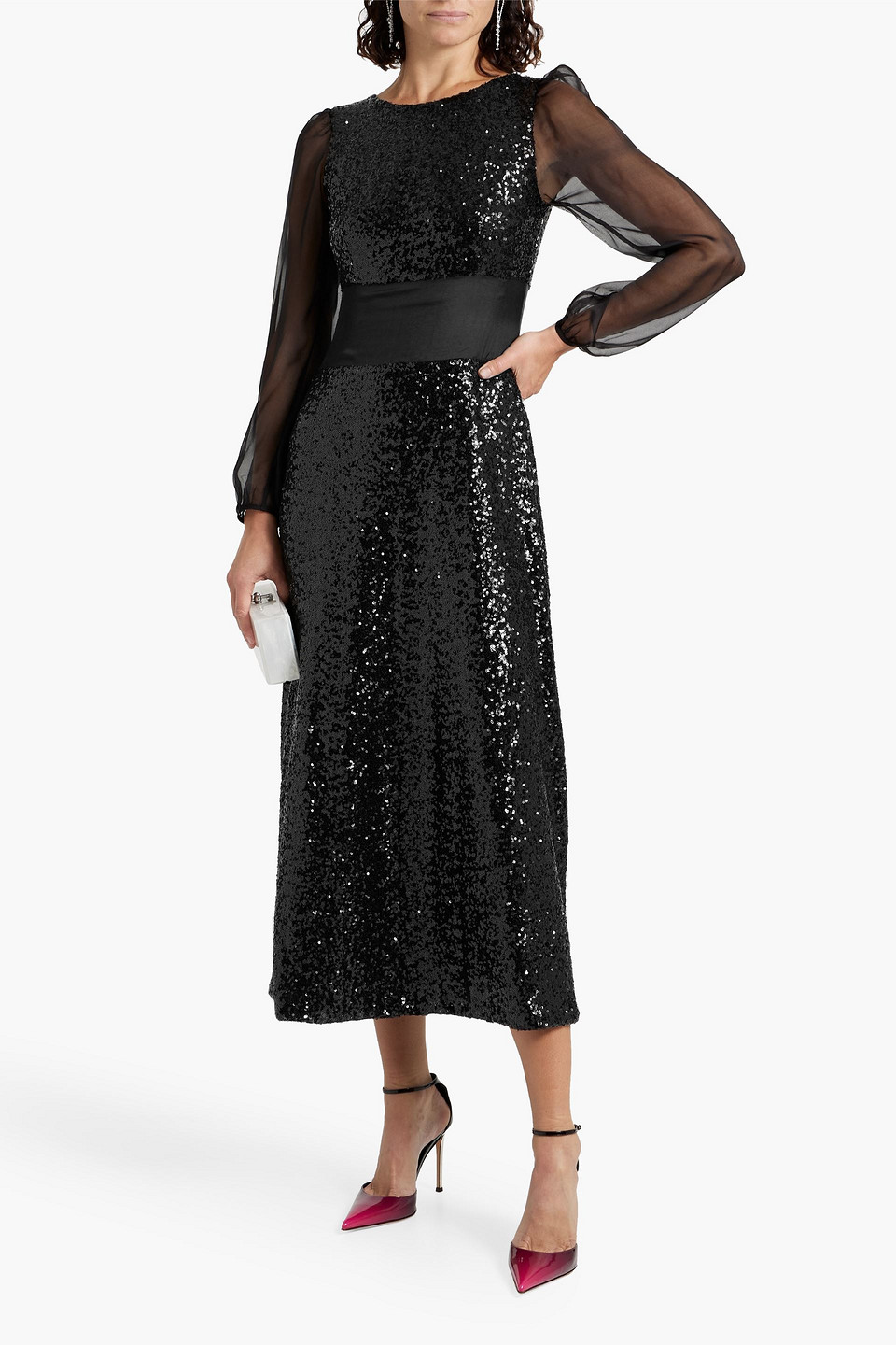 HVN BIANCA SEQUIN-EMBELLISHED CHIFFON MIDI DRESS