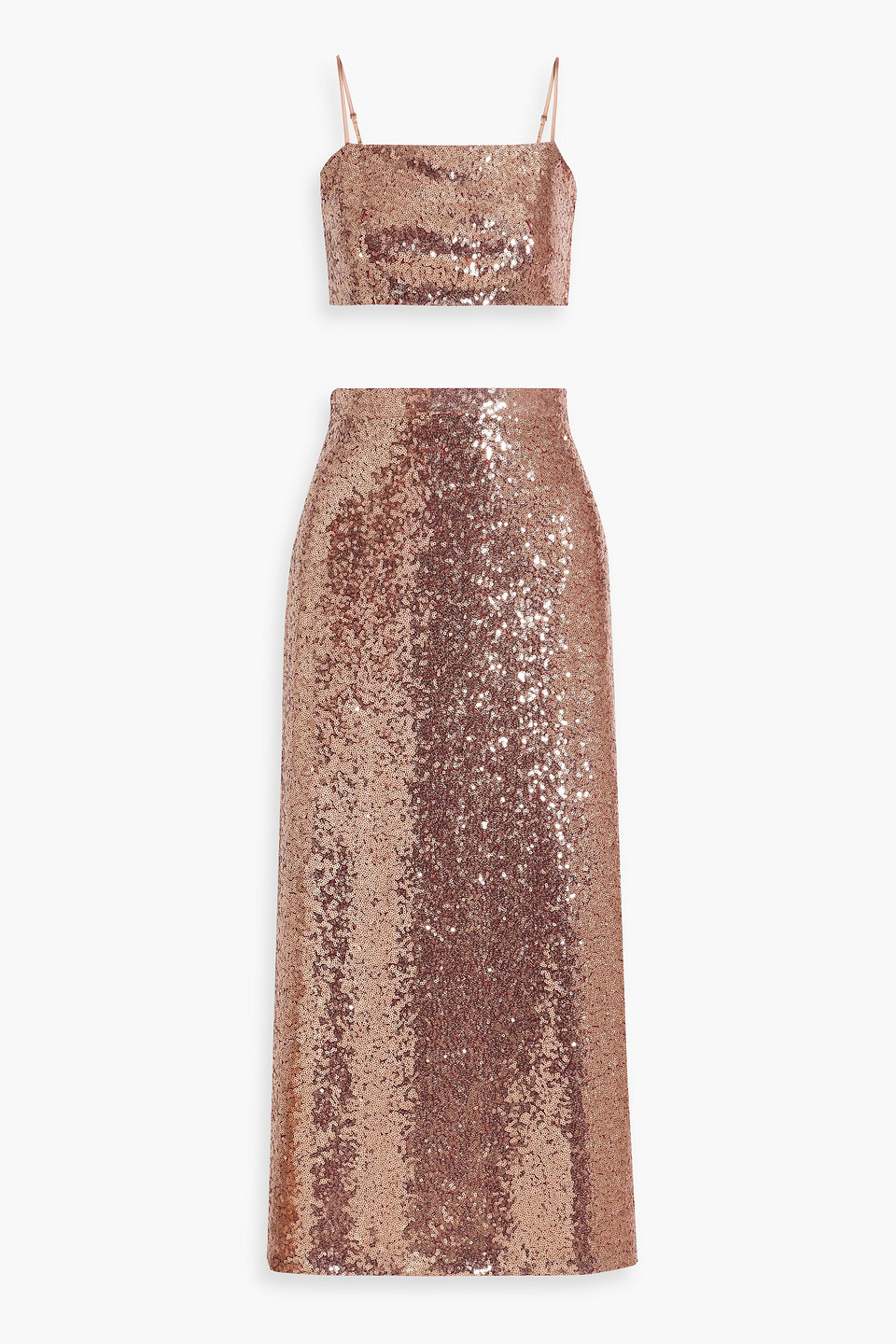 Hvn Affie Cropped Sequined Tulle Top And Midi Skirt Set In Rose Gold
