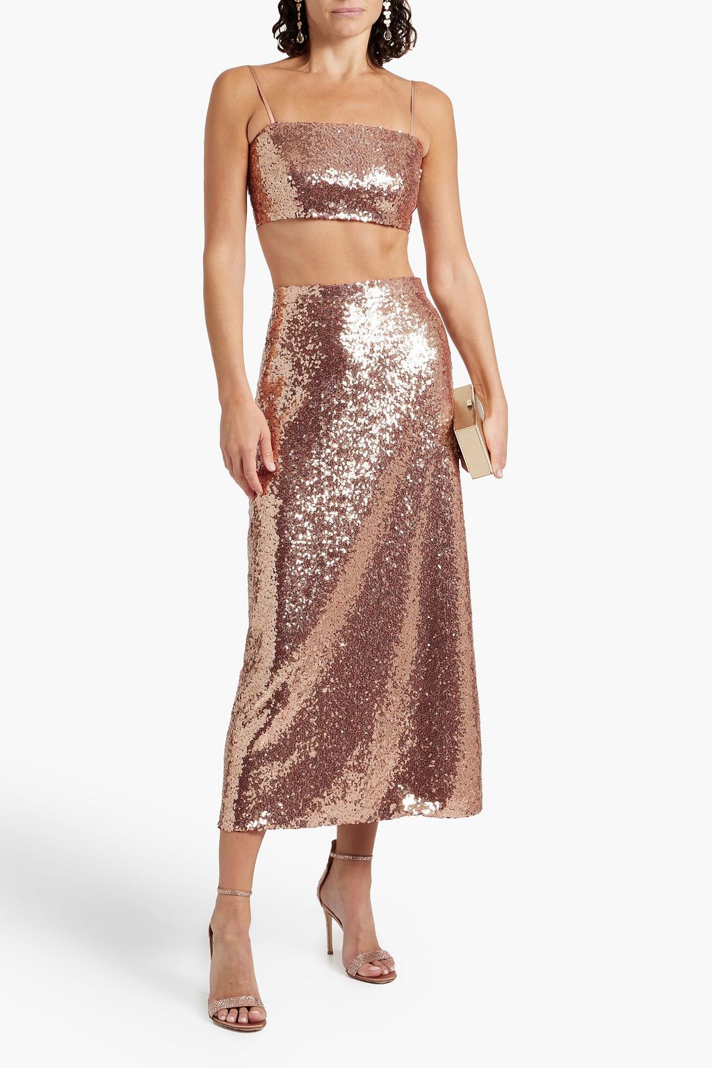 HVN Affie cropped sequined tulle top and midi skirt set