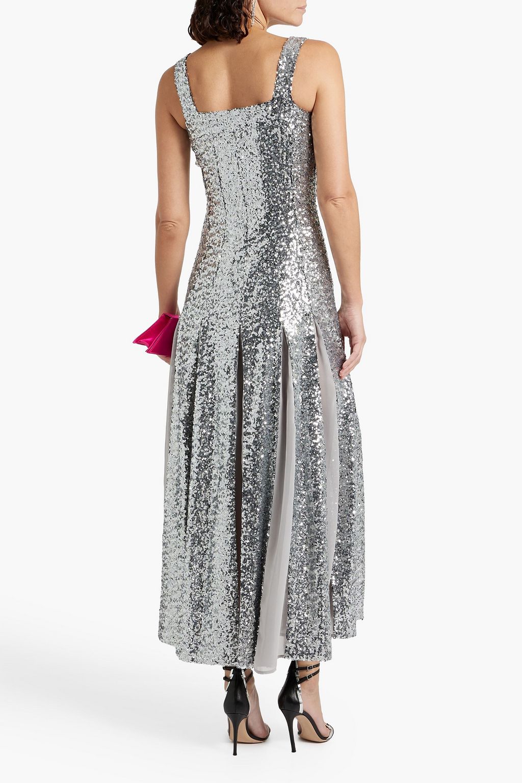 HVN Sequined chiffon-paneled tulle midi dress