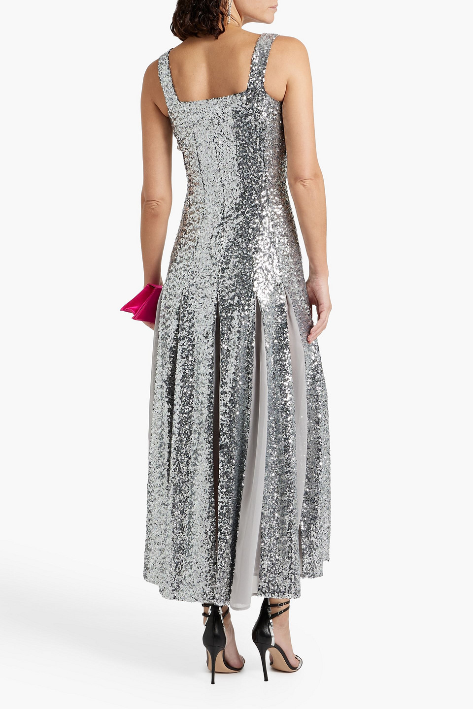 HVN SEQUINED CHIFFON-PANELED TULLE MIDI DRESS