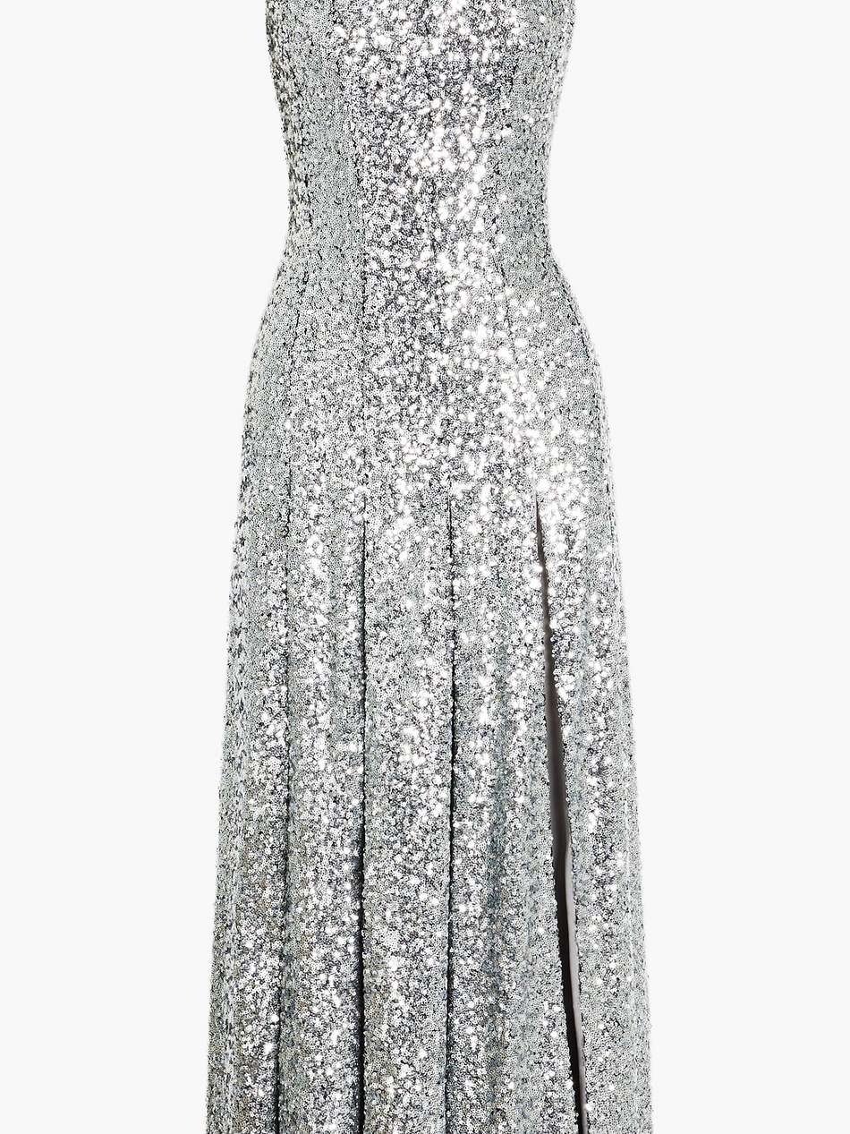 sequined chiffon-paneled tulle midi dress