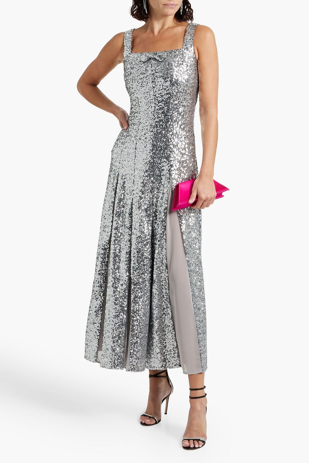 HVN Sequined chiffon-paneled tulle midi dress