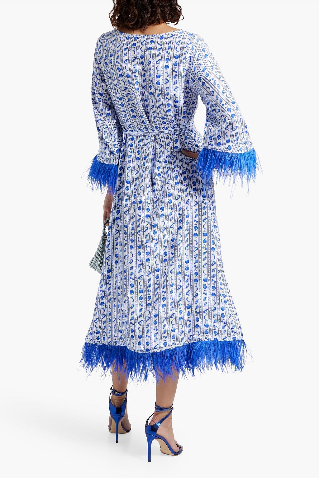 HVN Andrea feather-trimmed printed silk-satin midi dress
