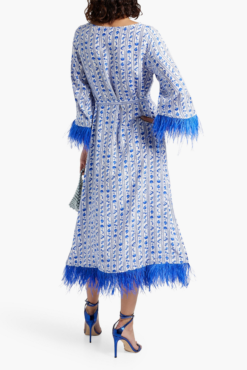 HVN ANDREA FEATHER-TRIMMED PRINTED SILK-SATIN MIDI DRESS