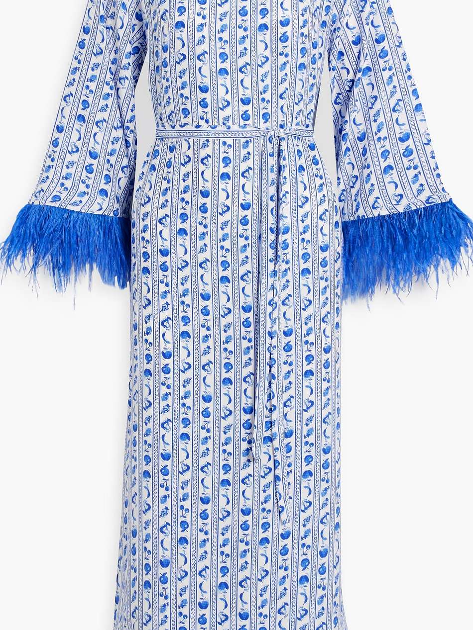 andrea feather-trimmed printed silk-satin midi dress