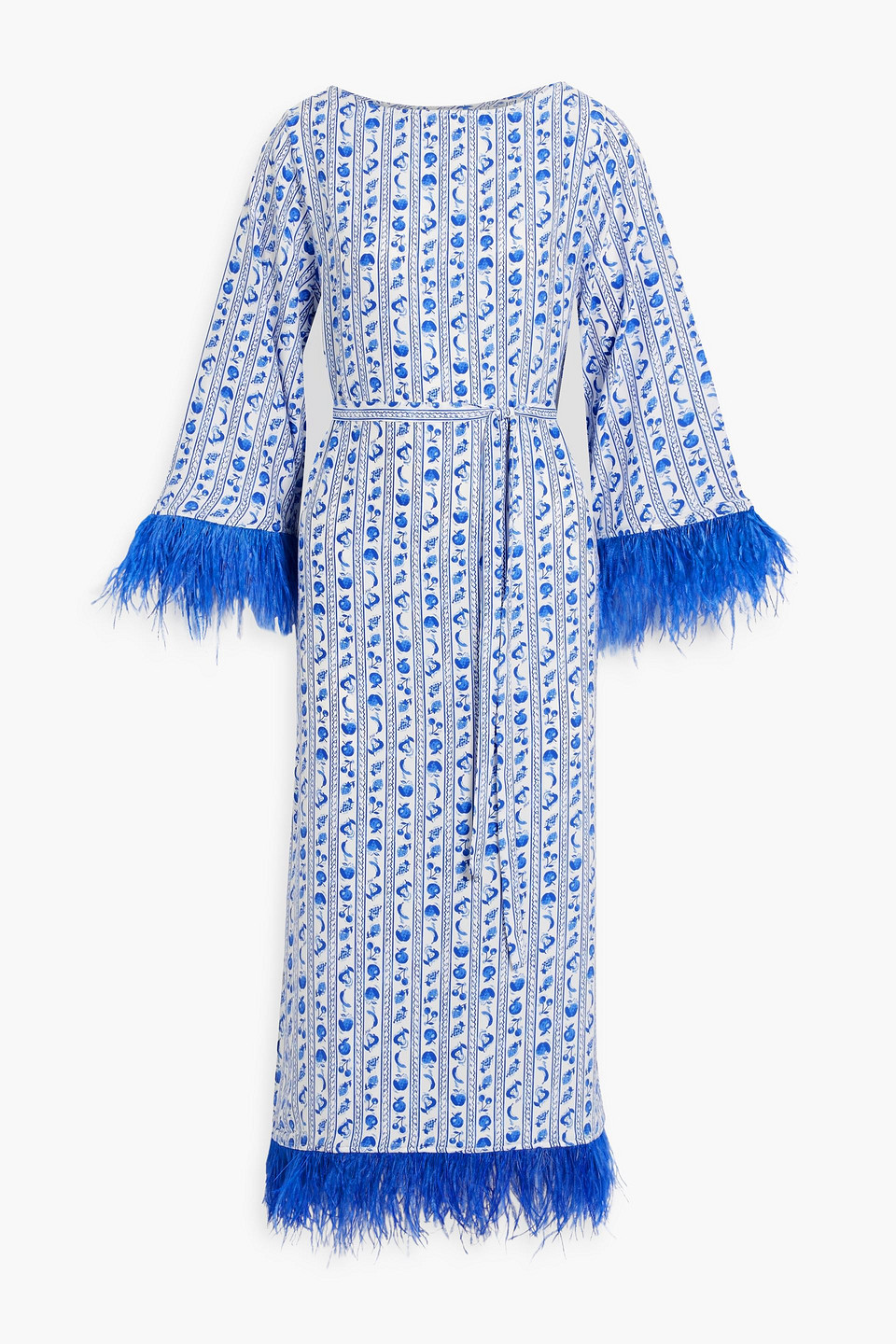 Hvn Andrea Feather-trimmed Printed Silk-satin Midi Dress In Azure