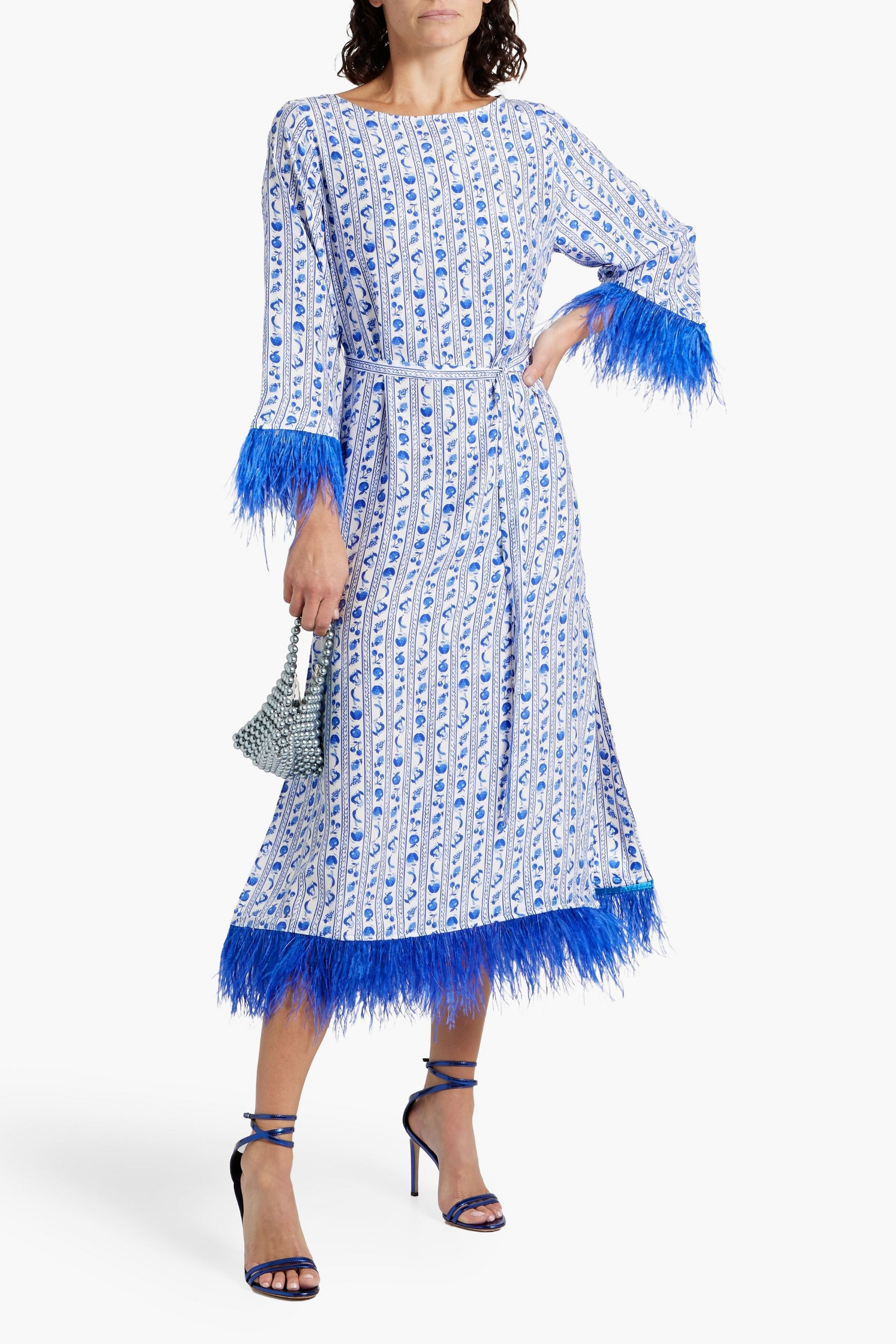 HVN Andrea feather-trimmed printed silk-satin midi dress