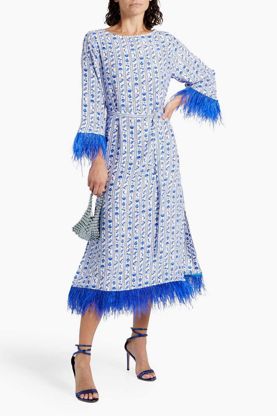 HVN ANDREA FEATHER-TRIMMED PRINTED SILK-SATIN MIDI DRESS