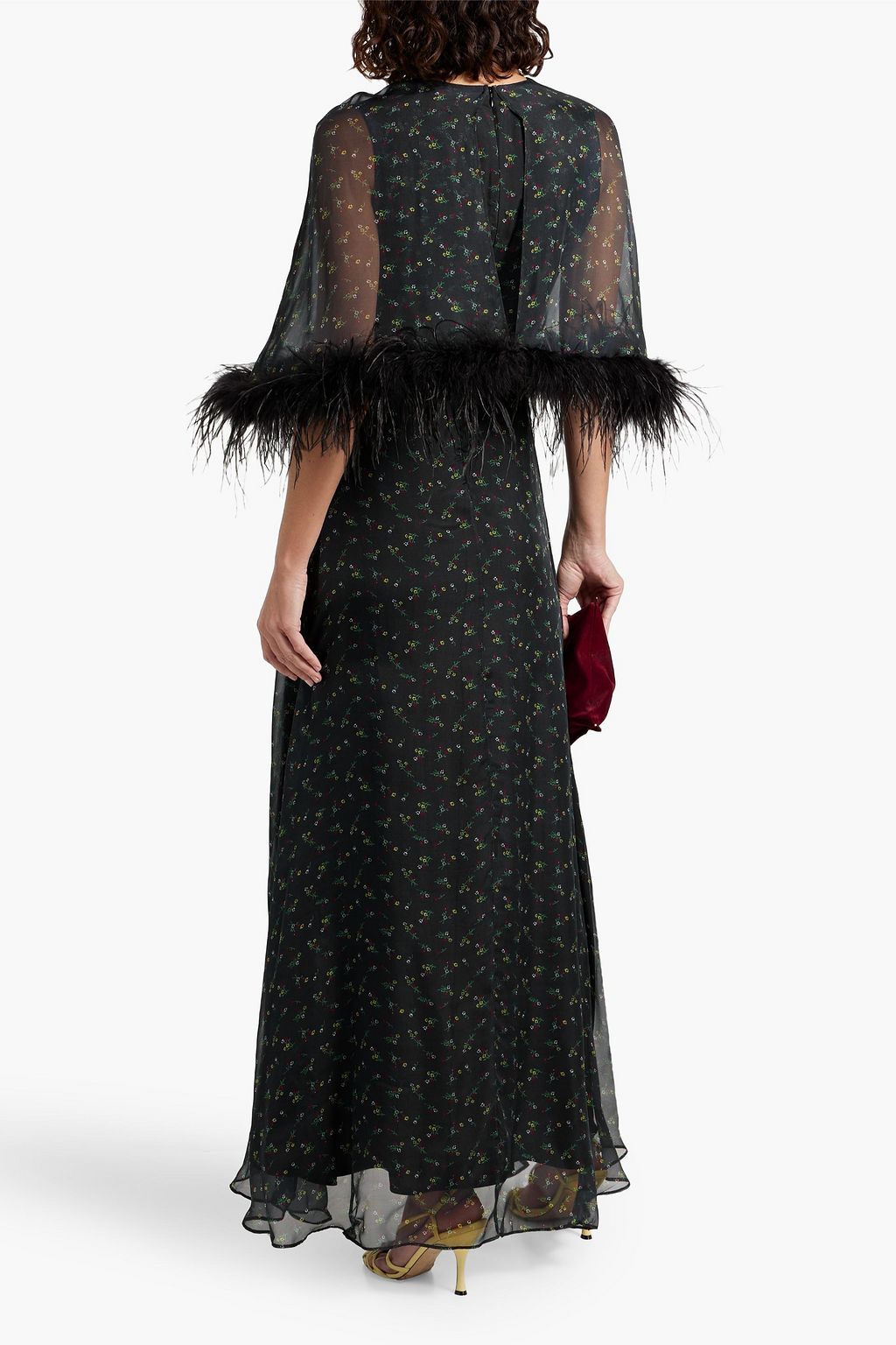 HVN Cecilia feather-trimmed cape-effect printed silk-chiffon maxi dress