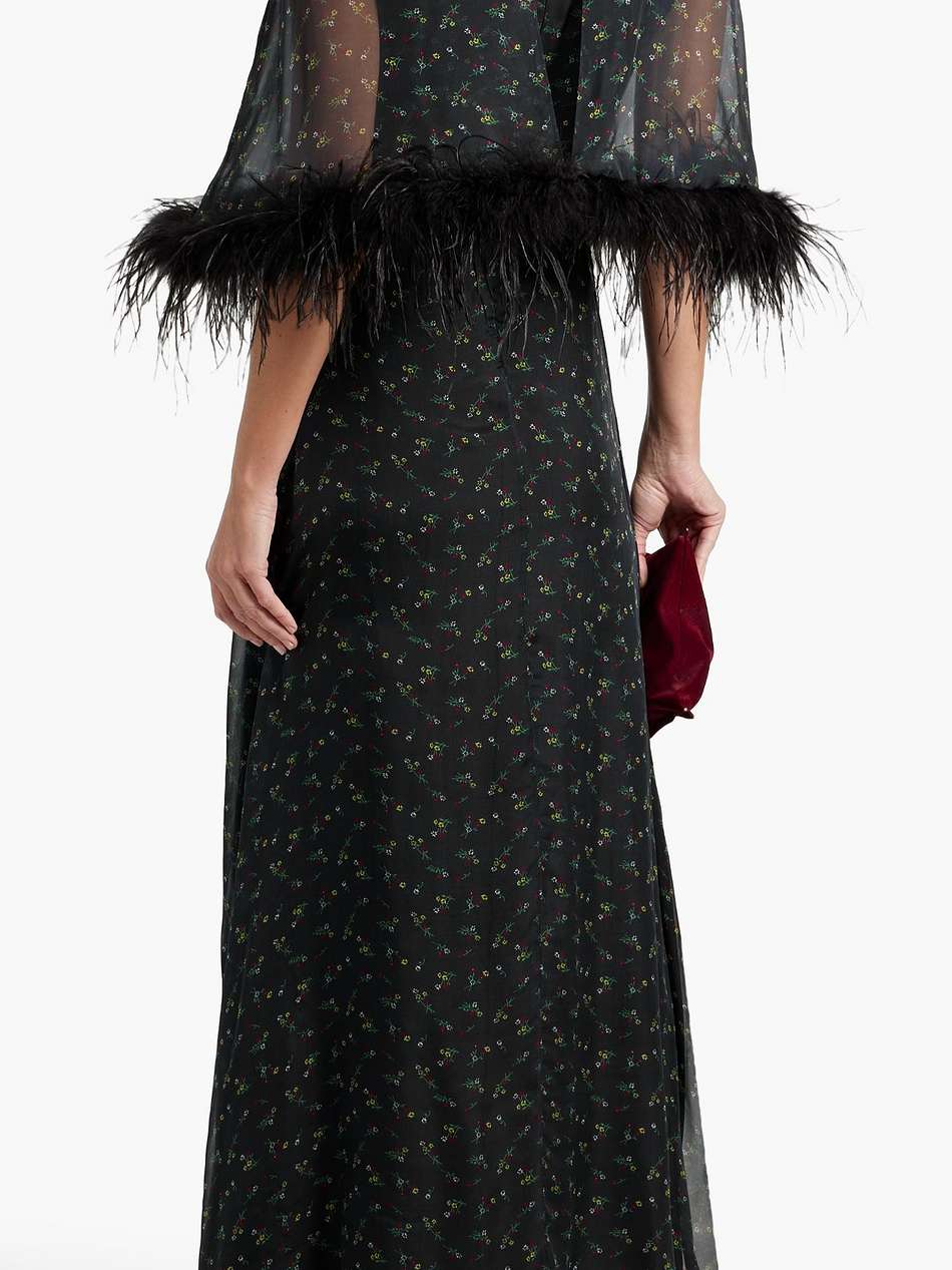 cecilia feather-trimmed cape-effect printed silk-chiffon maxi dress