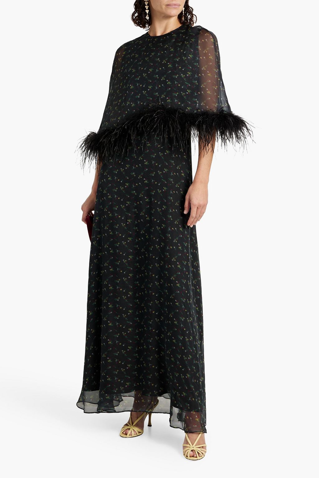 HVN Cecilia feather-trimmed cape-effect printed silk-chiffon maxi dress