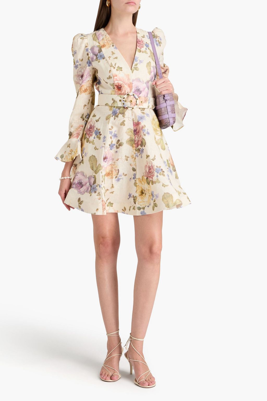 ZIMMERMANN リネン ミニワンピース ベルト付き フローラルプリント