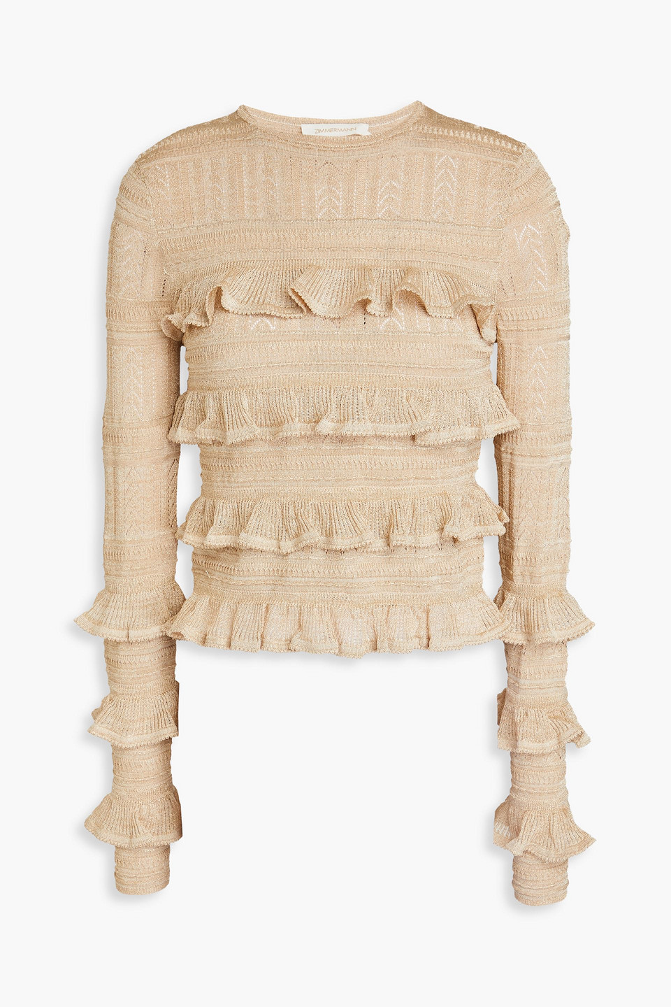 Ruffled metallic pointelle-knit top
