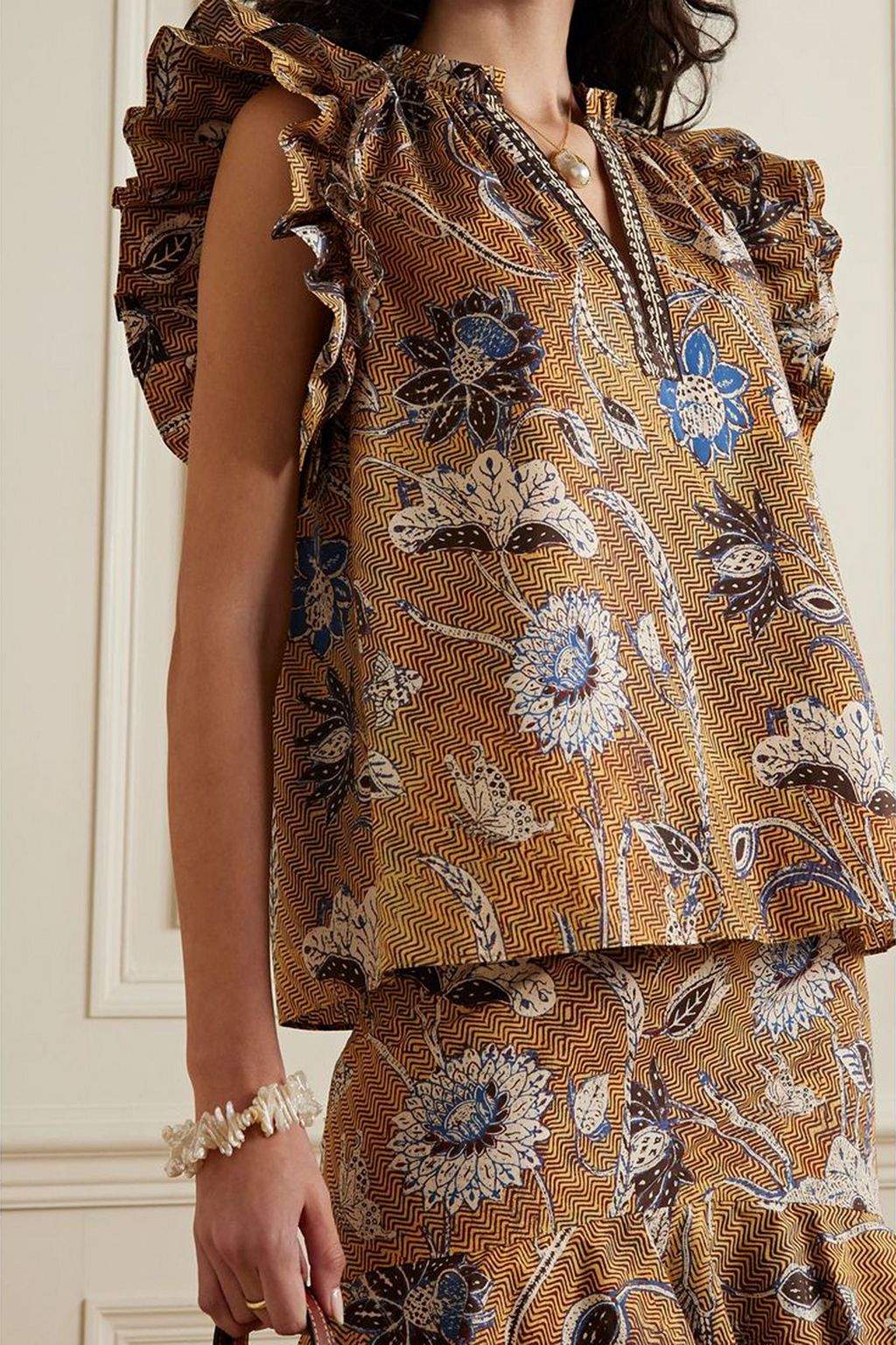 ULLA JOHNSON Elena ruffled printed cotton-poplin blouse