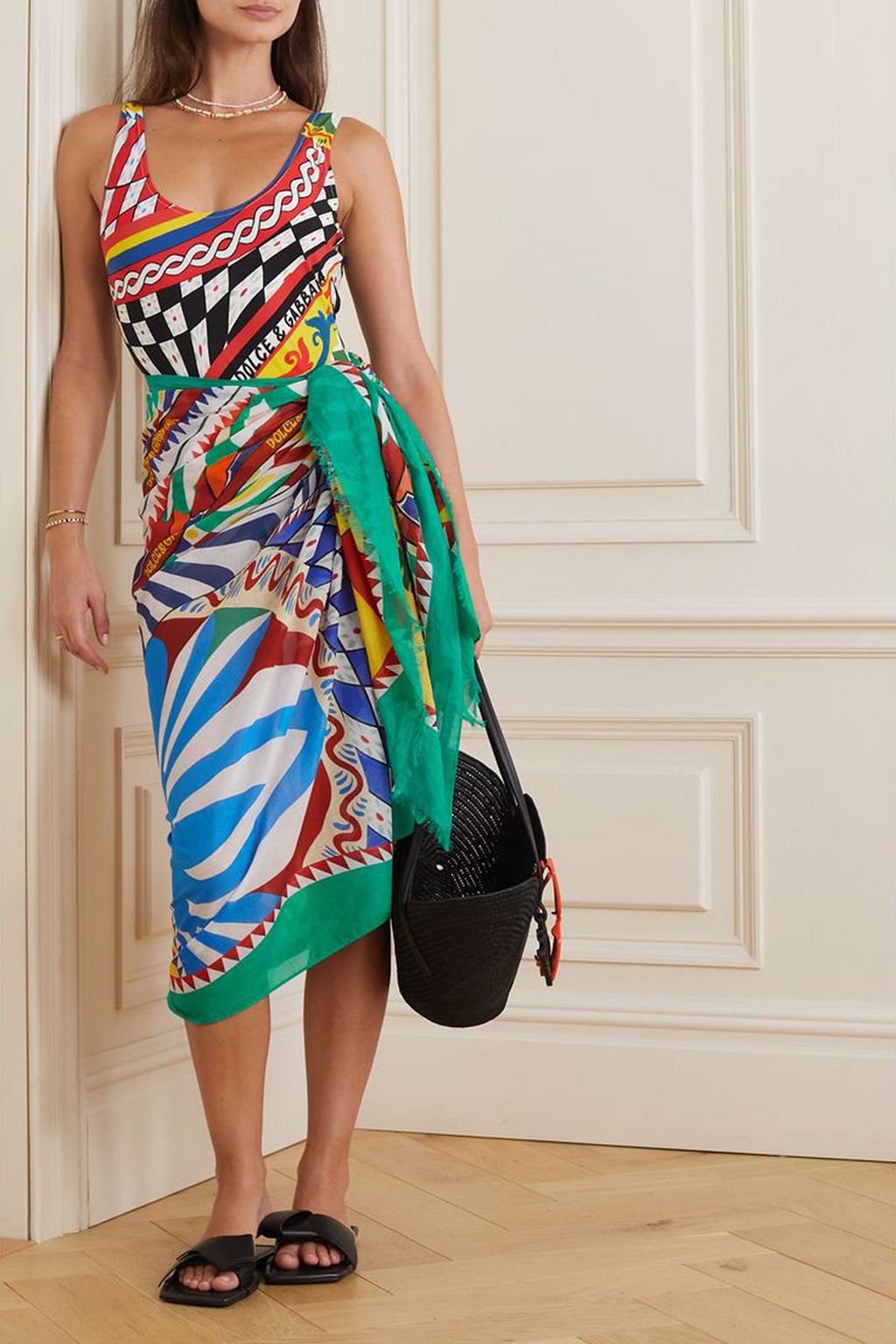 DOLCE&GABBANA BEACHWEAR Frayed printed cotton-voile pareo