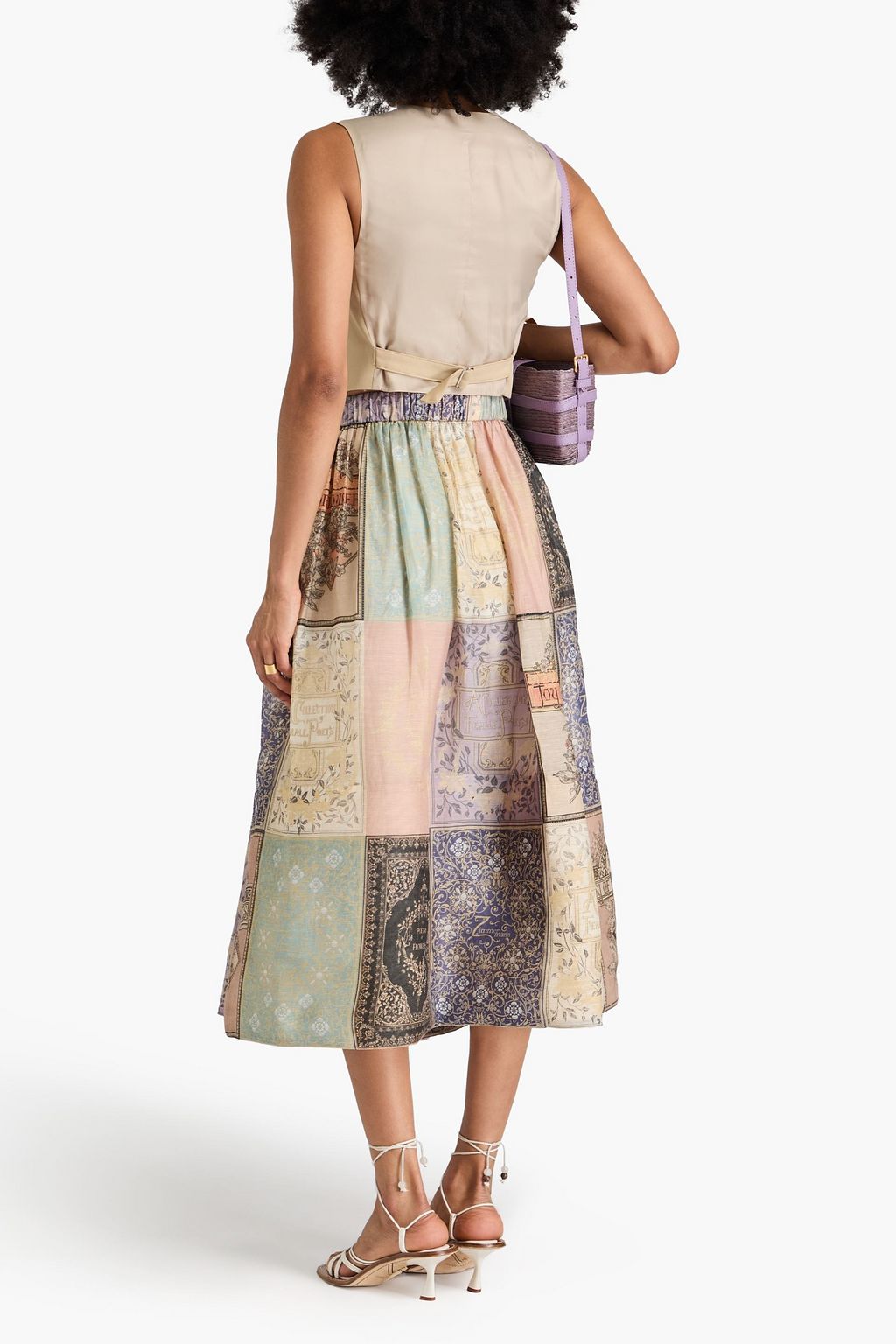 ZIMMERMANN Patchwork-effect printed linen and silk-blend gauze midi skirt