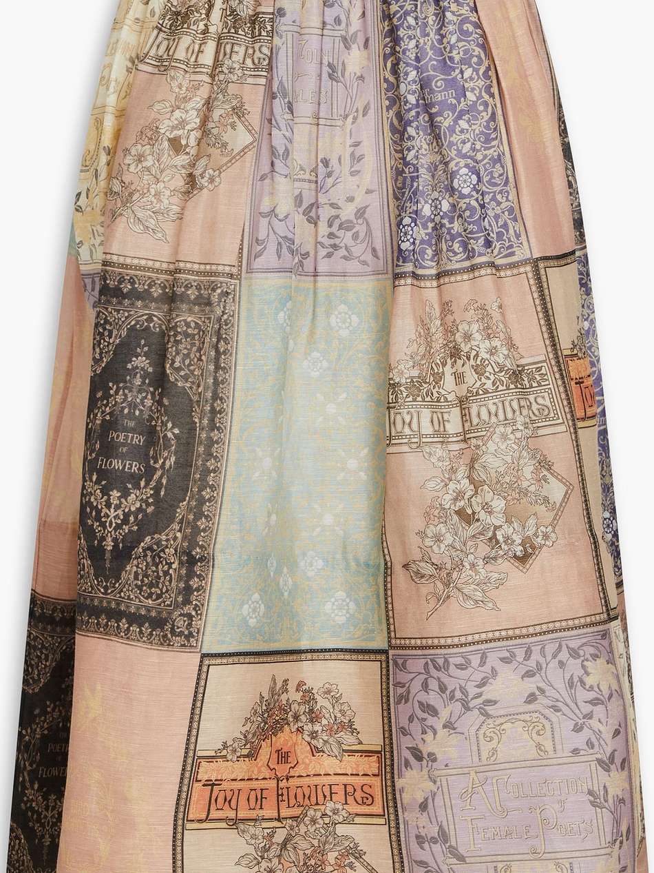patchwork-effect printed linen and silk-blend gauze midi skirt