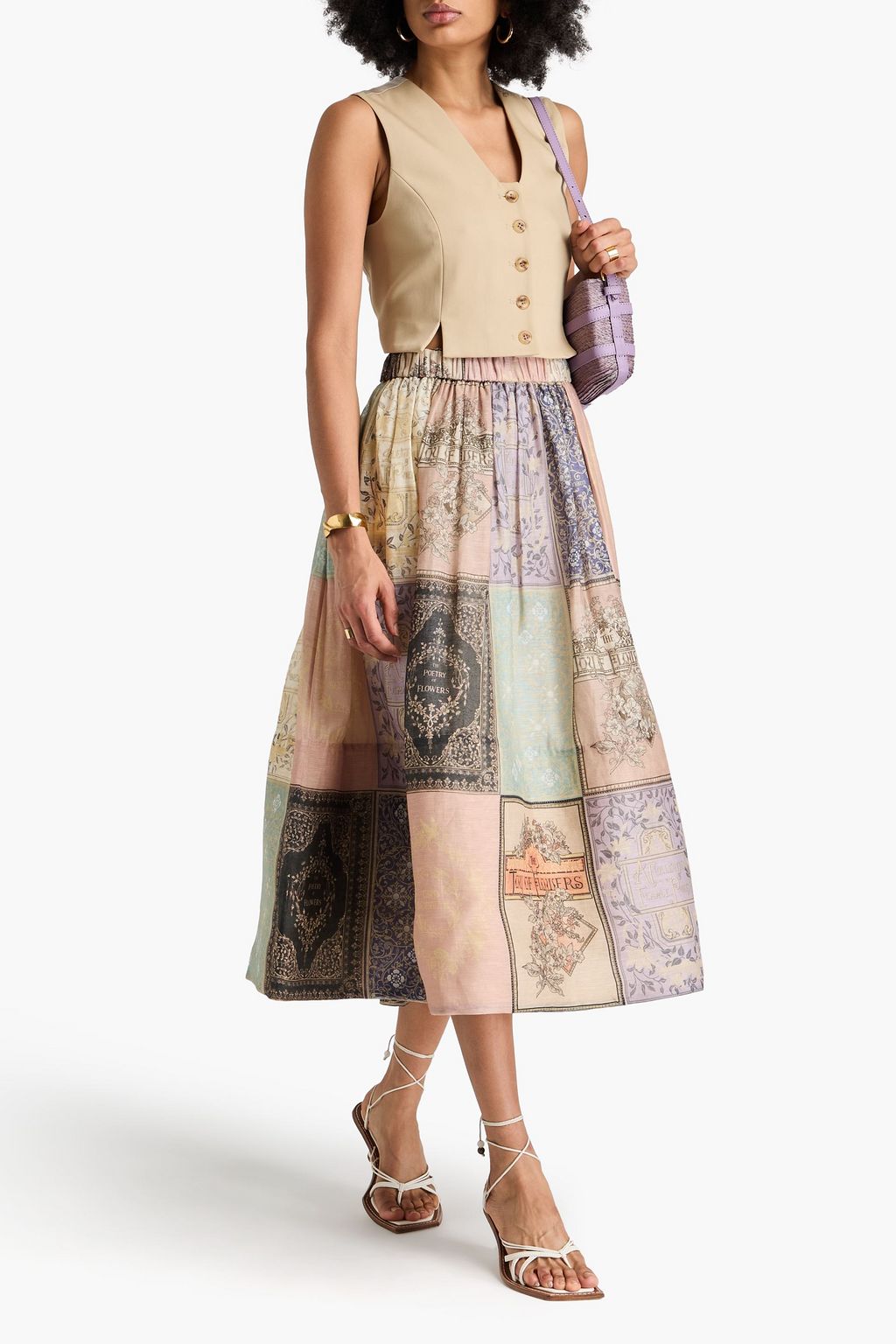 ZIMMERMANN Patchwork-effect printed linen and silk-blend gauze midi skirt
