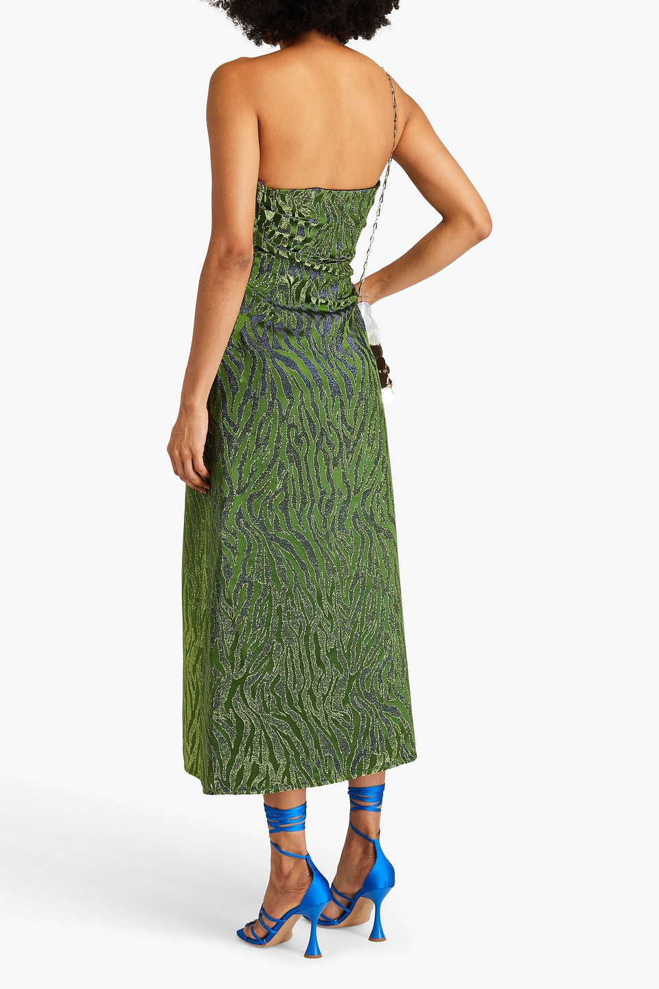 Shop Ulla Johnson Raina Strapless Metallic Zebra-print Satin-jacquard Midi Dress In Bright Green