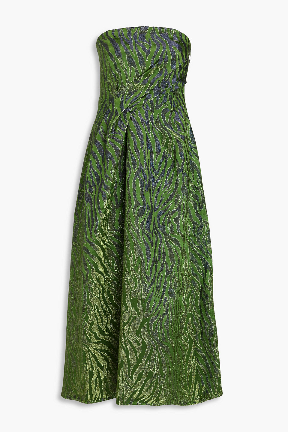 Ulla Johnson Raina Strapless Metallic Zebra-print Satin-jacquard Midi Dress In Bright Green