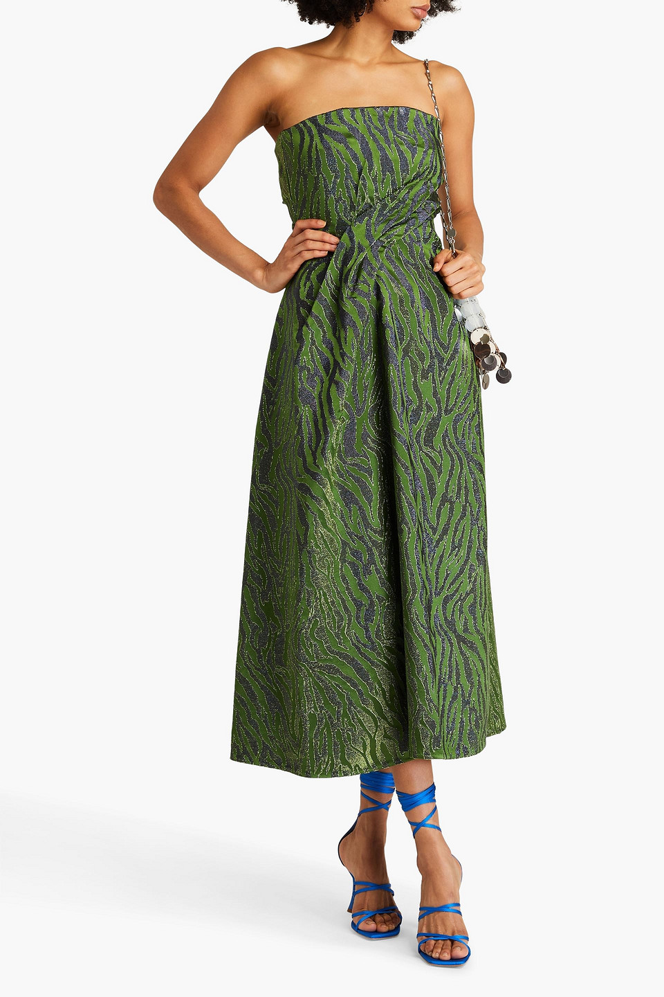 Shop Ulla Johnson Raina Strapless Metallic Zebra-print Satin-jacquard Midi Dress In Bright Green