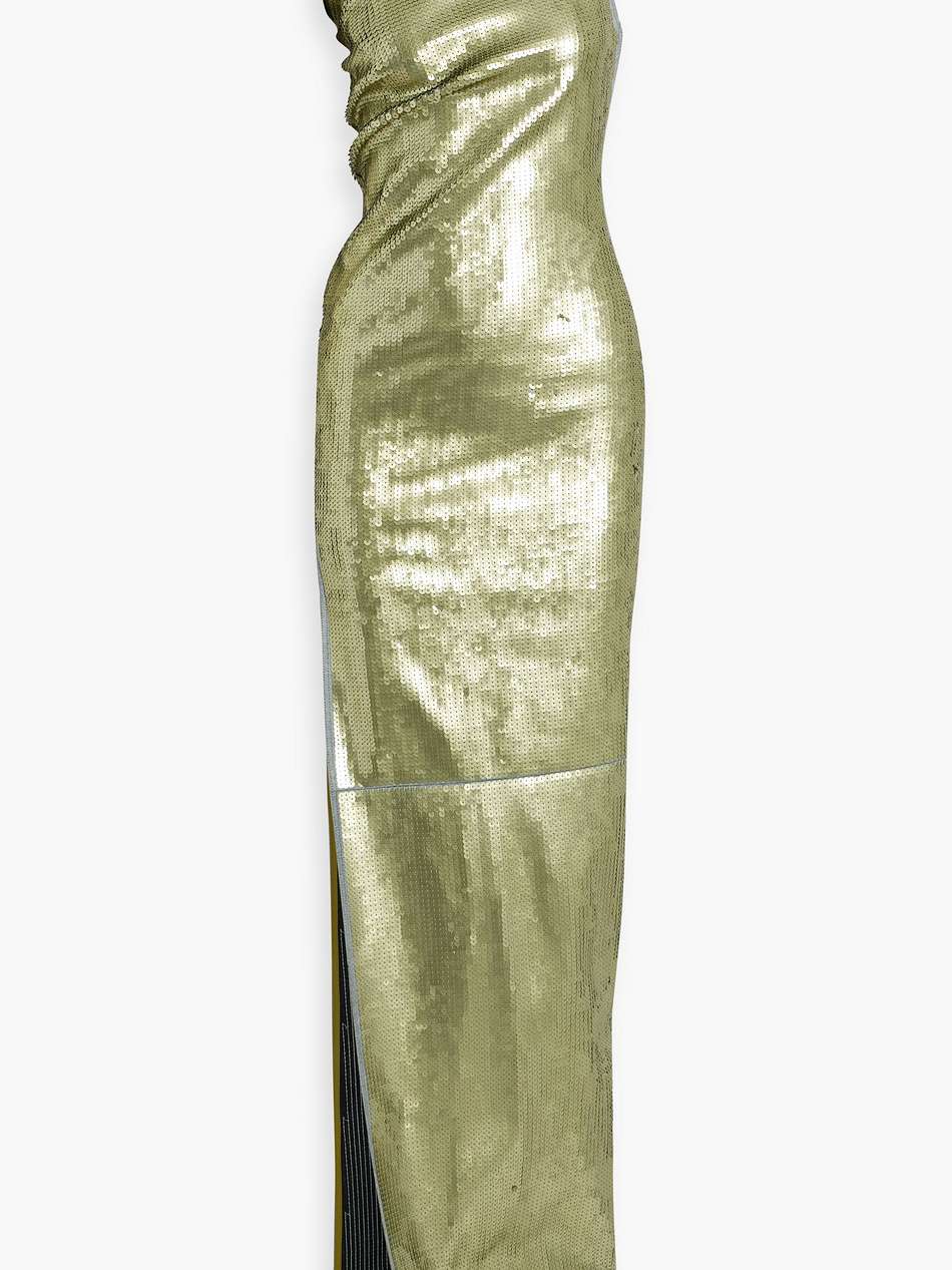 athena one-shoulder sequined denim gown