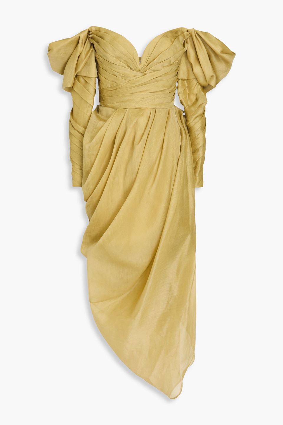 Zimmermann Off-the-shoulder Draped Linen And Silk-blend Gauze Maxi Dress In Sage Green