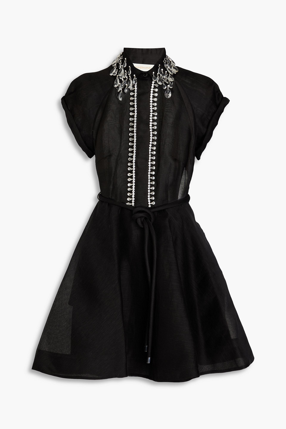 Zimmermann Matchmaker Flip Belted Crystal-embellished Linen And Silk-blend Organza Mini Dress In Black