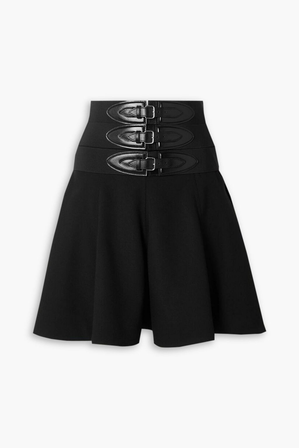 Belted leather trimmed stretch wool mini skirt black FR 34