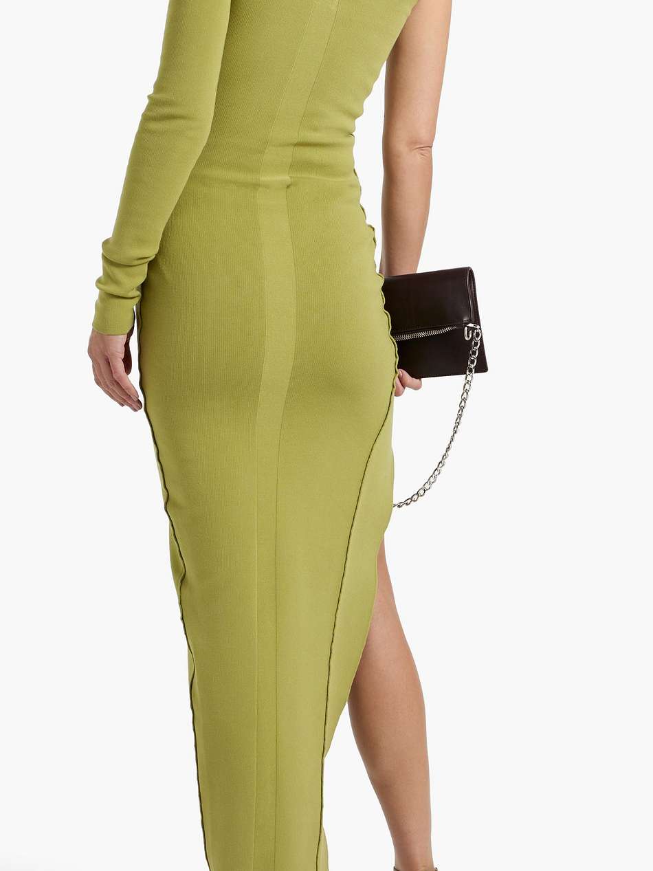 one-sleeve ribbed-knit midi dress