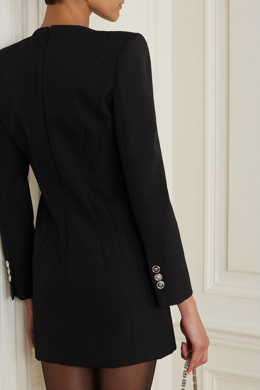 VERSACE Button-embellished grain de poudre wool mini dress