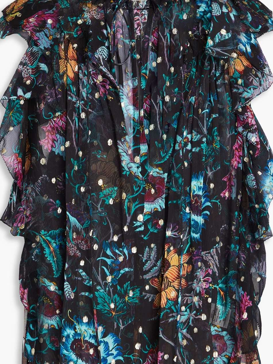 dominique ruffled printed metallic fil coupé silk-blend crepon top