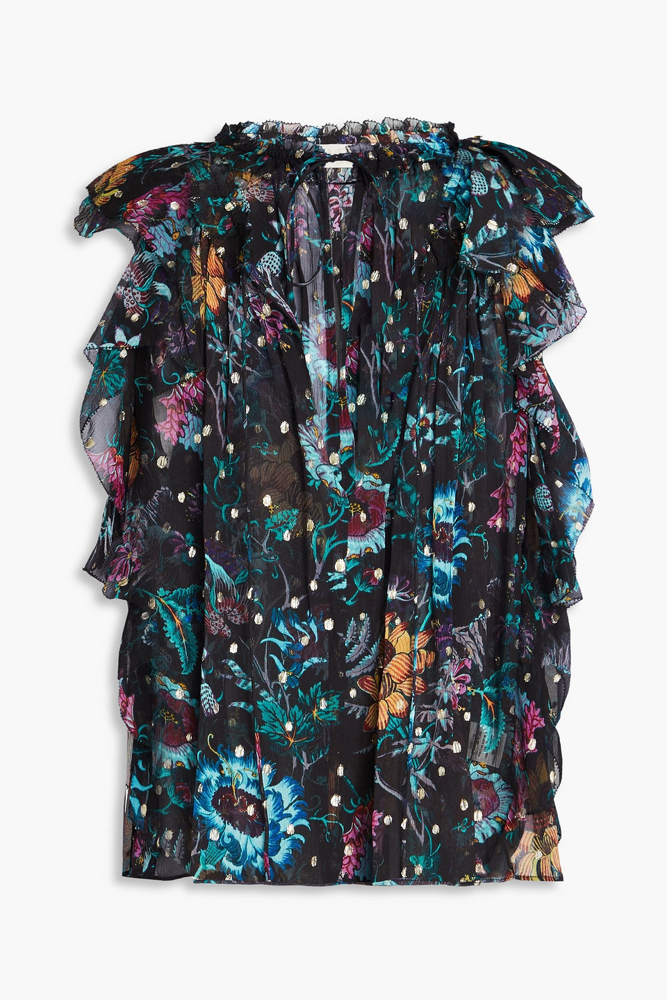Ulla Johnson Dominique Split-neck Floral Silk Chiffon Top In Black