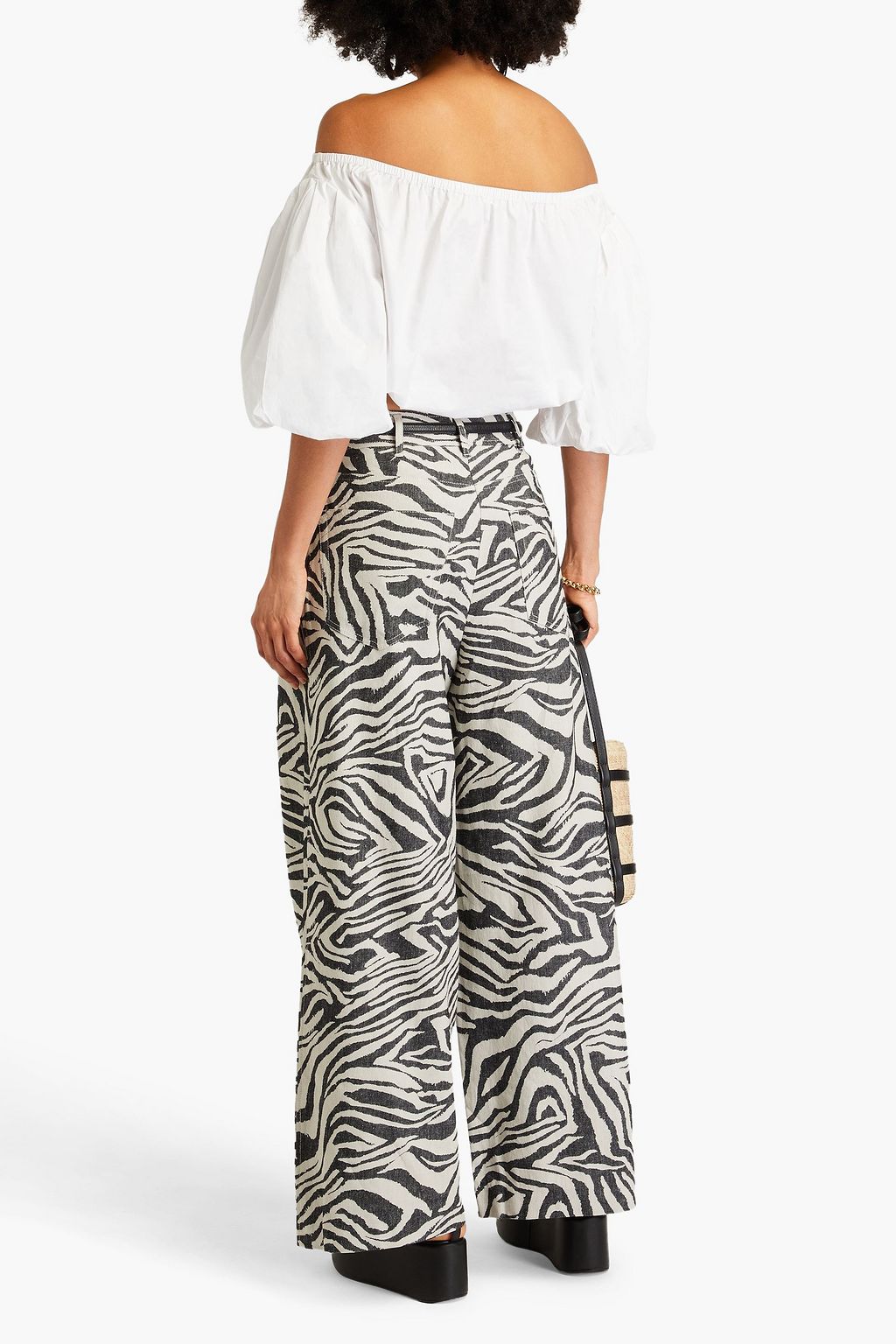ULLA JOHNSON Cai Hose mit weitem Bein aus Jacquard mit Zebraprint und Falten