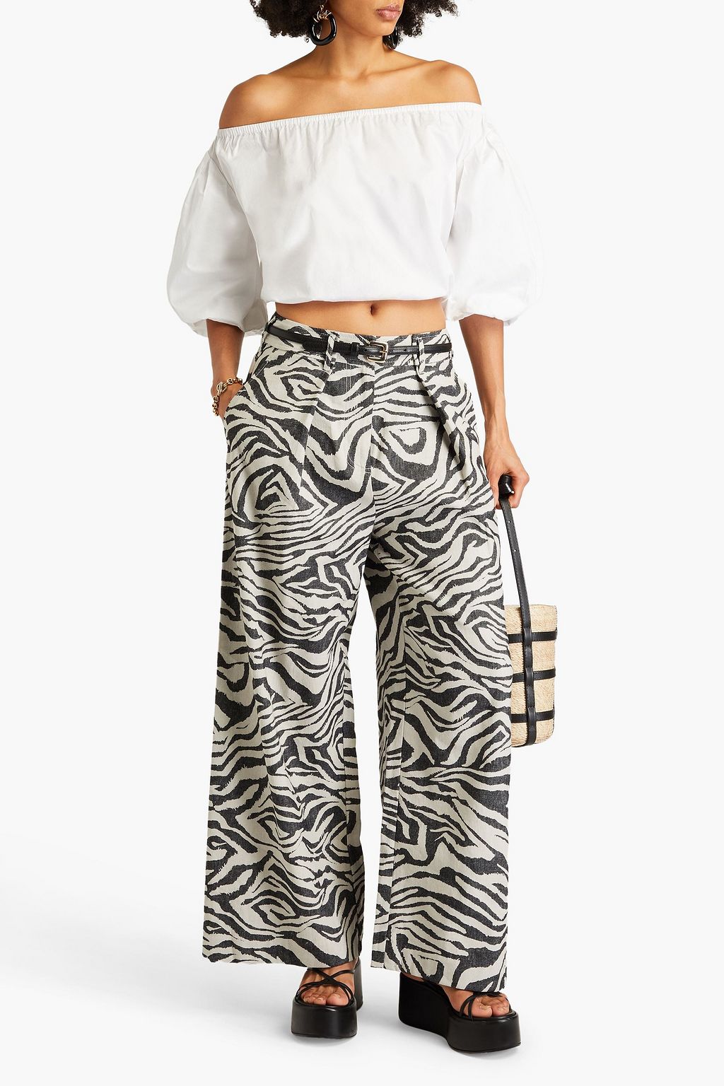 ULLA JOHNSON Cai Hose mit weitem Bein aus Jacquard mit Zebraprint und Falten