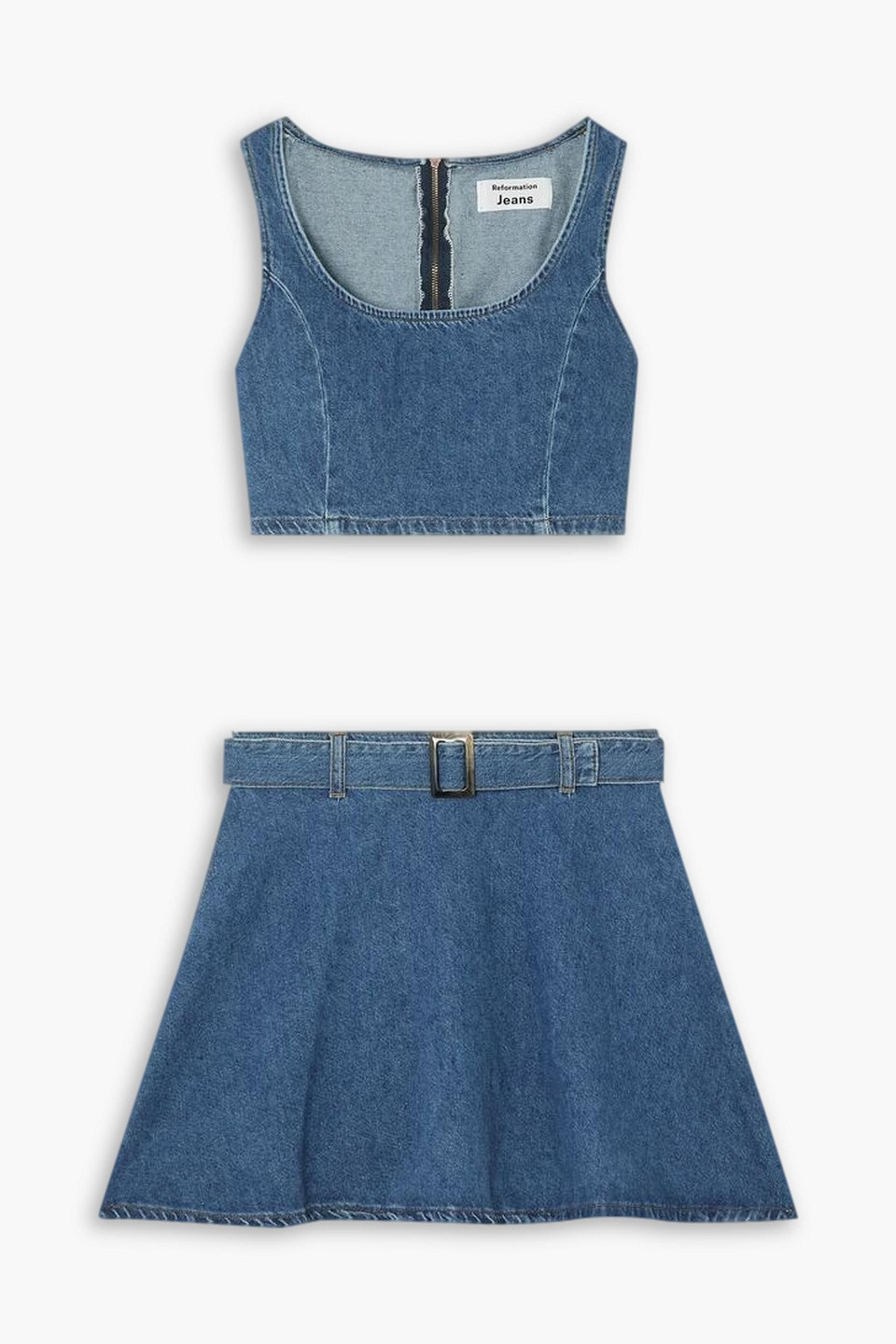 Reformation Anissa Denim Cropped Top And Mini Skirt Set In Blue