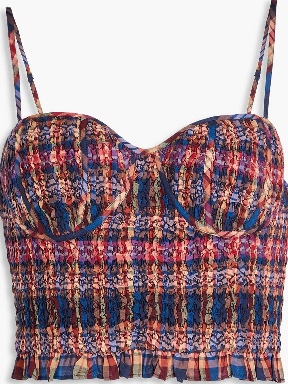 liv cropped checked shirred cotton and silk-blend bustier top