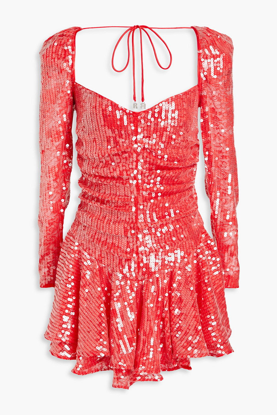 Rotate Birger Christensen Ruffled Sequined Lace Mini Dress In Tomato Red