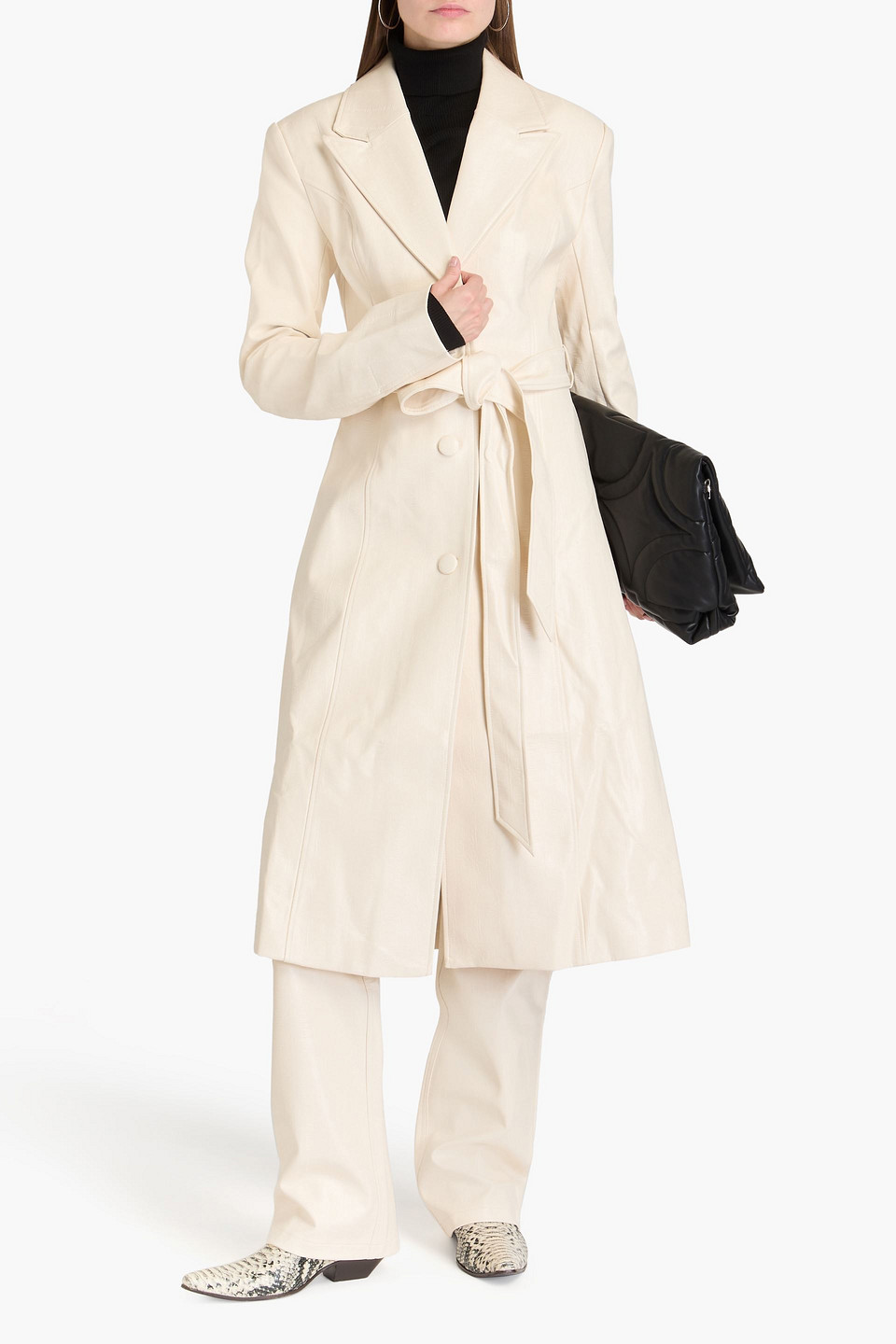 Rotate Birger Christensen Belted Faux Leather Coat In Ecru