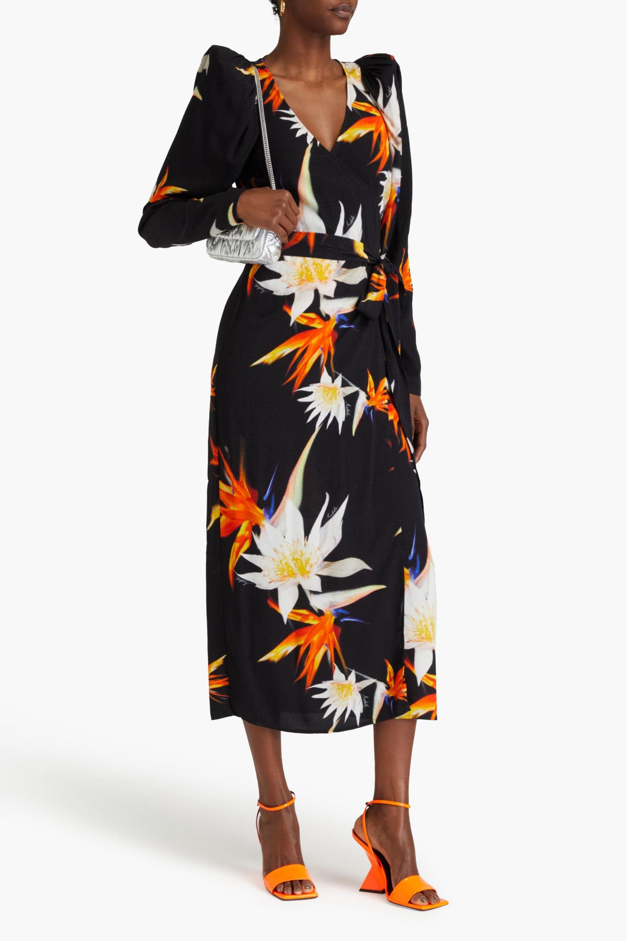 ROTATE Birger Christensen Floral-print satin-jacquard midi wrap dress