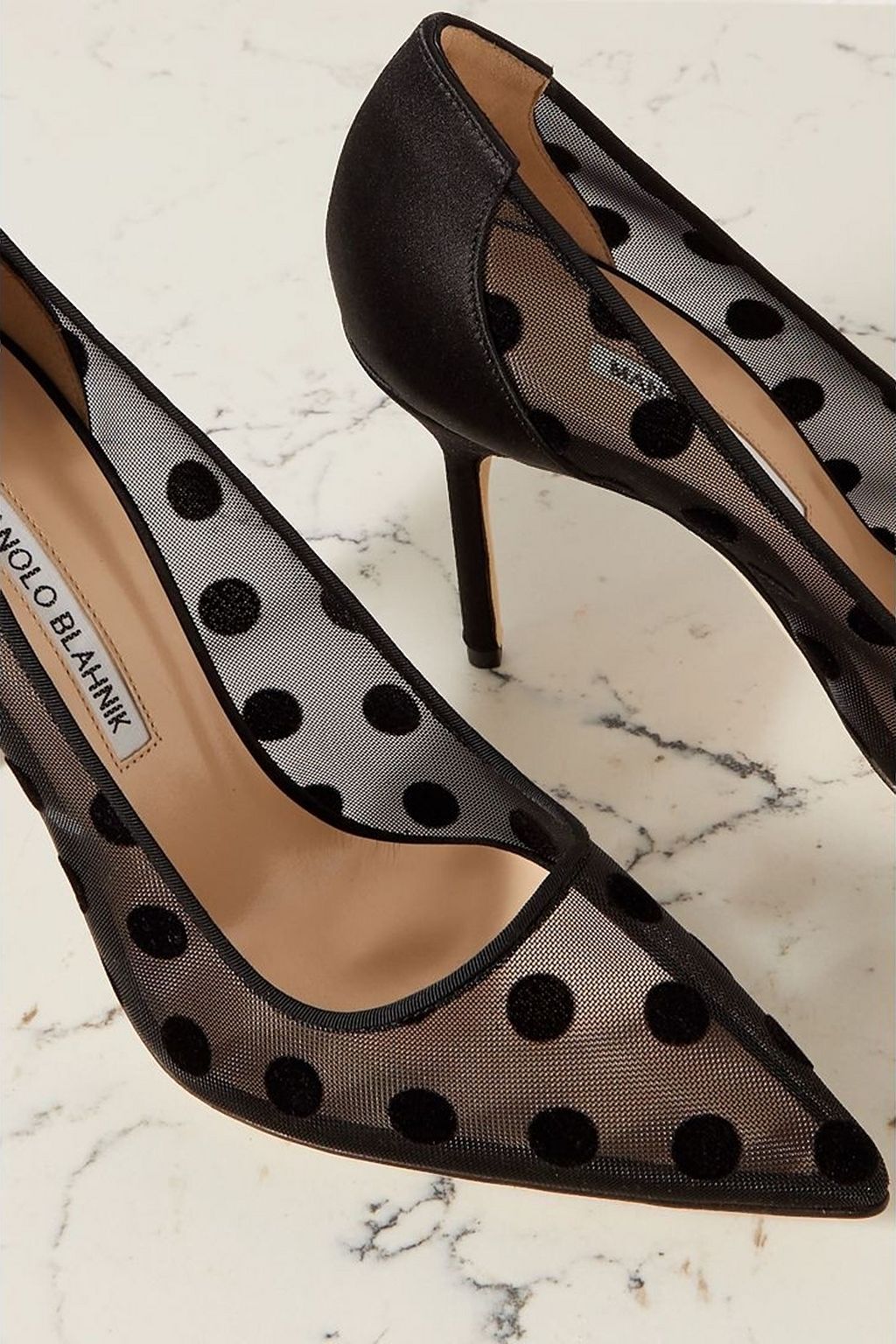 MANOLO BLAHNIK BBLA 105 satin-trimmed polka-dot flocked mesh pumps