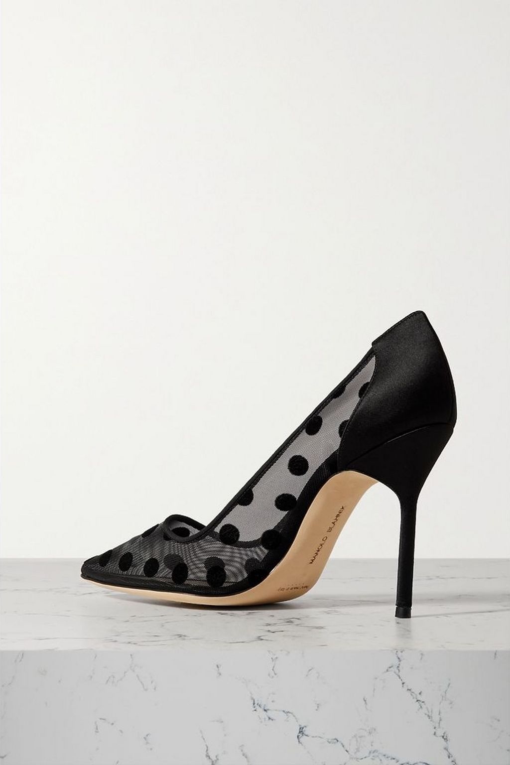 MANOLO BLAHNIK BBLA 105 satin-trimmed polka-dot flocked mesh pumps