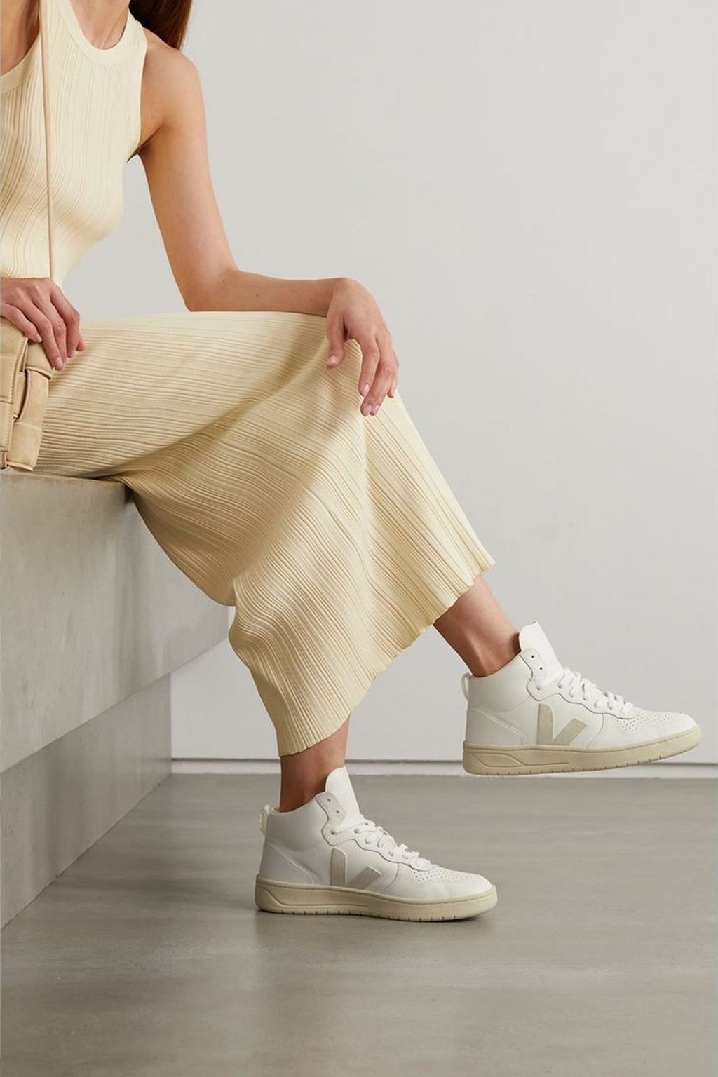 VEJA V-15 suede-trimmed perforated leather high-top sneakers